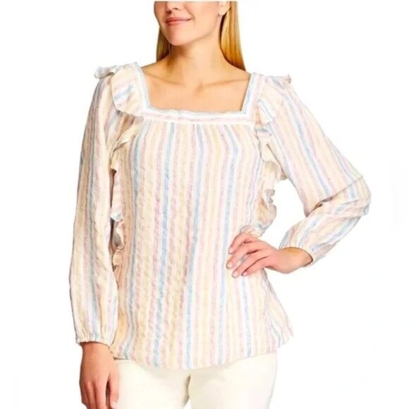 Chaps Pastel Striped Ruffle Square Neck Gauze Blouse Top - Picture 1 of 10